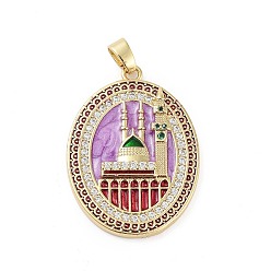 Фиолетовый Покрытие стойки латунь микропаве прозрачные подвески из кубического циркония, с эмалью, долговечный, без свинца и без кадмия, овал с замковыми подвесками, фиолетовые, 33x24x3.5 мм, отверстие : 3x6 мм