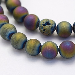 Multi-color Plated Electroplate Natural Druzy Agate Beads Strands, Dyed, Round, Frosted, Multi-color Plated, 10mm, Hole: 1mm, about 38pcs/strand, 15.7 inch(40cm)