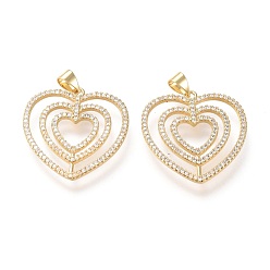 Real 18K Gold Plated Brass Micro Pave Cubic Zirconia Pendants, Long-Lasting Plated, Heart, Clear, Real 18K Gold Plated, 26x25x2mm, Hole: 3.5x4.5mm