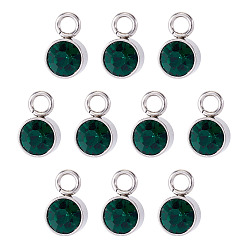 Изумруд 10 шт. подвески из стеклянных страз, очарование маяка, с цветным тоном нержавеющей стали 201 фурнитура из нержавеющей стали, плоско-круглые, изумруд, 10x6x5 мм, отверстие : 2 мм