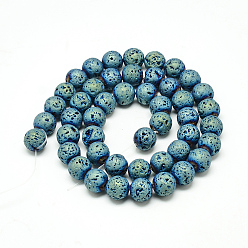 Green Plated Electroplate Natural Lava Rock Beads Strands, Matte Style, Round, Green Plated, 4~5mm, Hole: 0.5mm, about 88pcs/strand, 13.7~14.9 inch