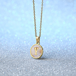 Letter Y Плоские круглые ожерелья с инициалами из нержавеющей стали с натуральными белыми ракушками для женщин, золотые, цвет морской раковины, Письмо Y, 18.11 дюйм (46 см)
