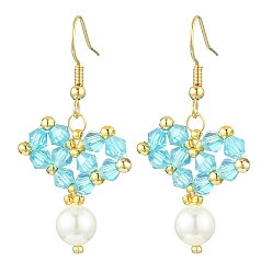 Голубой Болтающие серьги из стекла, с бусинами из ракушечного жемчуга и 304 крючками для сережек из нержавеющей стали, сердце, голубой, 42x20~22 мм