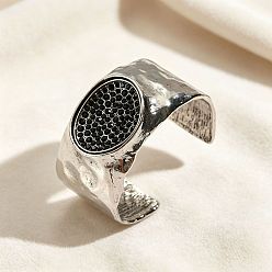 Platinum Alloy Jet Rhinestone Textured Open Cuff Bangles for Women, Oval, Platinum, Inner Diameter: 2.36 inch(6cm)