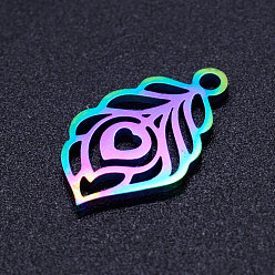 Rainbow Color Ion Plating(IP) 201 Stainless Steel Pendants, Peacock Feathe, Rainbow Color, 18x10.5x1mm, Hole: 1.5mm