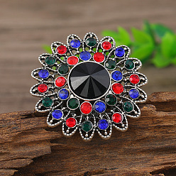 Разноцветный Кольца из цинкового сплава с выемками в виде цветка в винтажном этническом стиле со стразами, античное серебро, красочный, внутренний диаметр: 17 мм