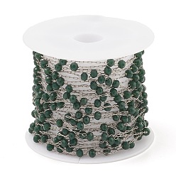Green Glass Round Beaded Chains, with 304 Stainless Steel Findings, Unwelded, with Spool, Green, 3x3.5mm, about 16.40 Feet(5m)/Roll