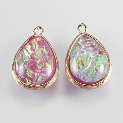 Hot Pink Resin Pendants, with Brass Findings, teardrop, Light Gold, Hot Pink, 22~23x14.5~15x7~7.5mm, Hole: 1~1.5mm