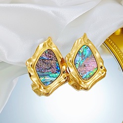 Pepitas 304 Pendientes de botón de acero inoxidable y concha de paua natural para mujer, dorado, pepitas, 55 mm