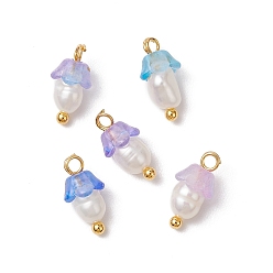 Лиловый Цветочные акриловые подвески, с латунными штифтами с шаровидной головкой и бусиной из натурального культивированного пресноводного жемчуга, матовые, сирень, 11.5x6 мм, отверстие : 1.6 мм