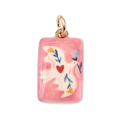 Pink Латунь эмаль подвески, прямоугольник с рисунком, золотой свет, розовые, 21x12x3.5 мм, Перейти кольцо: 6x1 мм, 4 мм внутренним диаметром