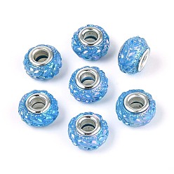Светло-Голубой Непрозрачная смола европейский бисер, бусины с большим отверстием, рондель с латунными сердечниками, покрытыми серебром, Небесно-голубой, 13.5~14x8.2~9 мм, отверстие : 5 мм