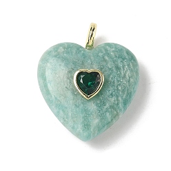 Амазонит Природные подвески амазонит, Подвески в форме сердца с фурнитурой из кубического циркония, инкрустированной латунью., золотые, 30.5~31x25.5x10.5 мм, отверстие : 4 мм