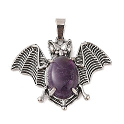 Аметист Подвески из натурального аметиста , со сплавочной фурнитурой античного серебряного тона, летучая мышь прелести, 32.5x41.5x6.5 мм, отверстие : 8.5x4.2 мм