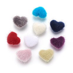 Mixed Color Faux Mink Fur Covered Cabochons, with Alloy Bottom, Heart, Silver Color Plated, Mixed Color, 14x17x6.5mm