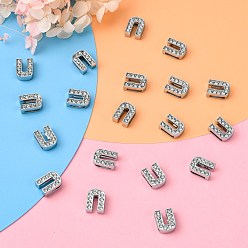 Letter U Alloy Initial Slide Charms with Grade A Rhinestones, Lead Free & Nickel Free, Platinum, Letter.U, 12~13x8~13x4~5mm, Hole: 8x2mm