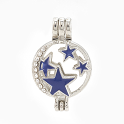 Platine Pendentifs médaillon en alliage, diffuseur locket, avec strass et émail, creux, plat et circulaire avec étoile, cristal, bleu, platine, 28x18x9.5mm, trou: 3.5x2.5 mm, mesure intérieure: 16 mm