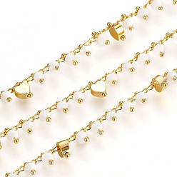 White Brass Twisted Curb Chain, with Brass Beads and Faceted Glass Beads, Long-Lasting Plated, Real 18K Gold Plated, Soldered, with Spool, Heart, White, 2.5x1.5x0.5mm, Bead: 6x3.5mm, Heart: 7.5x5x2.5mm, about 32.8 Feet(10m)/roll