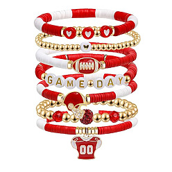 Красный 7Набор браслетов из полимерной глины Heishi и пластиковых бусин CCB в стиле регби, украшения из сплава с подвесками для женщин, золотые, красные, внутренний диаметр: 2-3/8 дюйм (6 см)