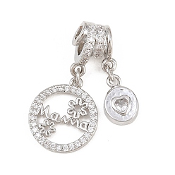Платина Подвески из латуни с микро паве ко Дню матери, прозрачные подвески с кубическим цирконием, кольцо с подвесками "мама", стойки покрытие, долговечный, без свинца и без кадмия, платина, 31 мм, отверстия : 3 mm и 4 мм, Сердце: 11x8x3 mm, плоско-круглые: 17.5x15x2 mm