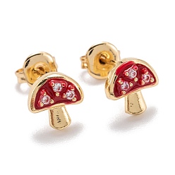 Mixed Color Brass Micro Pave Clear Cubic Zirconia Stud Earrings, with Enamel and Ear Nuts, Mushroom, Golden, Mixed Color, 9x8.5x3mm, Pin: 1mm