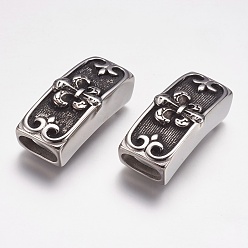 Antique Silver 304 Stainless Steel Slide Charms, Rectangle with Fleur De Lis, Antique Silver, 39x16x11mm, Hole: 7x12mm