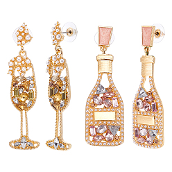 Золотой 2 пары 2 стили серьги-гвоздики из сплава со стразами, шампанское и бокал, золотые, 63~63.5x14.5~19 мм, 1 пара / стиль