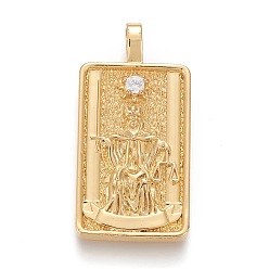Настоящее золото 18K Латунные микропаве прозрачные подвески с фианитом, реальный 18 k позолоченный, талисманы карт таро, справедливость, правосудие xi, 30x15x4 мм, отверстие : 3~4 мм