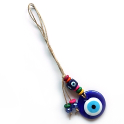 Blue Handmade Lampwork Turkey Flat Round with Evil Eye Hanging Ornaments, Hemp Rope for Home Car Decorations, Blue, 180mm