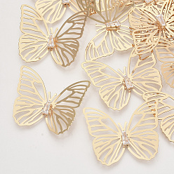 Light Gold Латунь филигрань столяры ссылки, с кристально горный хрусталь, без кадмия, без никеля и без свинца, бабочка, золотой свет, 36x43x4~7 мм