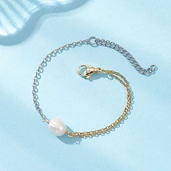 Позолоченный и Цвет Нержавейки Браслеты из натурального культивированного пресноводного жемчуга, 304 браслеты из нержавеющей стали с цепочками для женщин, настоящее золото и нержавеющая сталь, 6-1/8 дюйм (15.4 см)