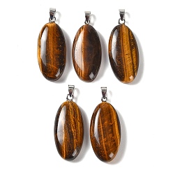 Tiger Eye Natural Tiger Eye Pendants, with 304 Stainless Steel Snap on Bails, Oval Charm, 44x20x8mm, Hole: 7x4mm
