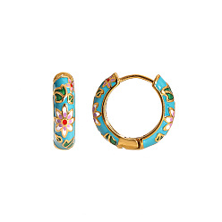 Синий Китайское ретро 304 кольцо из нержавеющей стали с эмалированным узором и серьгами-кольцами, золотые, синие, 15.6x6 мм