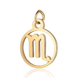 Scorpio 201 Stainless Steel Charms, with Jump Rings, Polished, Flat Round with Constellation, Golden, Scorpio, 13x11x1mm, Hole: 2.5mm