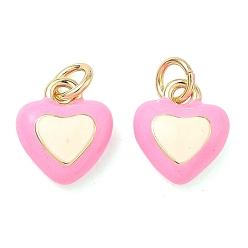 Бледно-Розовый Латунь эмаль подвески, сердце прелести, долговечный, стойки покрытие, без свинца и без кадмия, реальный 18 k позолоченный, розовый жемчуг, 11.5x10x4 мм, отверстие : 3 мм, Перейти кольцо: 5x1 мм