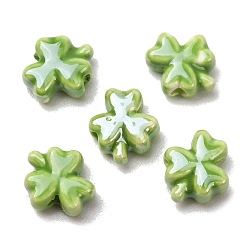 Yellow Green Handmade Porcelain Beads, Bright Glazed Porcelain, Clover, Yellow Green, 13x12x6mm, Hole: 2mm