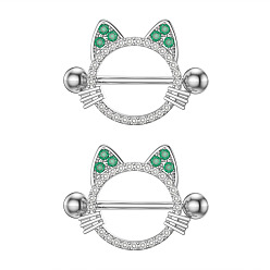 Cat Shape 304 Кольца для сосков из нержавеющей стали с кубическим цирконием, цвет нержавеющей стали, форма кошки, 16 мм, штифты : 1.6 мм