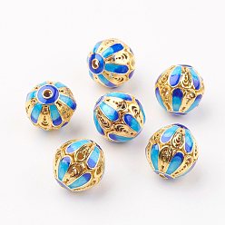 Deep Sky Blue Brass Enamel Beads, Round, Golden, Deep Sky Blue, 15mm, Hole: 2mm