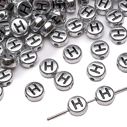 Letter H 50шт. посеребренные акриловые бусины, алфавита бисера, плоские круглые с буквы, Письмо ч, 7x4 мм, отверстие : 1 мм
