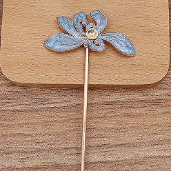 Light Sky Blue Alloy Enamel Hair Stick Findings, Round Bead Settings, Iron Stick, Flower, Light Sky Blue, 120mm