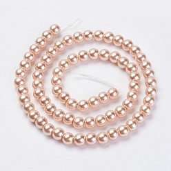 PeachPuff Eco-Friendly Dyed Glass Pearl Beads Strands, Grade A, Round, Cotton Cord Threaded, PeachPuff, 6mm, Hole: 1.2~1.5mm, about 70pcs/strand, 15.7 inch