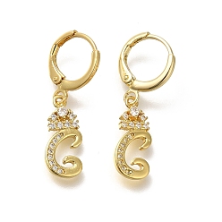 Letter C Серьги-кольца из латуни с прозрачным кубическим цирконием, реальный 18 k позолоченный, буква С, 30 мм, подвески: 17x8x2 мм