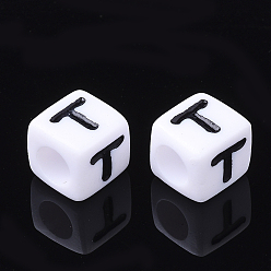 Letter T Acrylic Horizontal Hole Letter Beads, Cube, Letter T, White, Size: about 7mm wide, 7mm long, 7mm high, hole: 3.5mm, about 2000pcs/500g