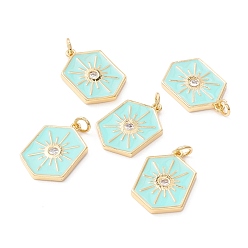 Светло-Синий Латунные микропаве прозрачные подвески с фианитом, с эмалью и кольцом для прыжков, реальный 18 k позолоченный, без свинца, без кадмии и без никеля, шестиугольник, голубой, 22.5x15x2 мм, отверстие : 3.5 мм