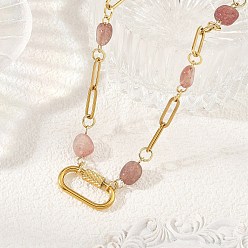 Quartz Fraise Colliers à chaîne perlée en pépites de quartz fraise naturel, avec placage sous vide PVD 304 chaînes en acier inoxydable de type trombone et 304 breloques mousqueton à vis en acier inoxydable, or, 16.26 pouce (41.3 cm)