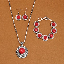 Красный Ожерелья и браслеты из сплава с синтетической бирюзой, а также наборы серег-подвесок, античное серебро, плоско-круглые, красные, 490 мм