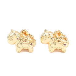 Plaqué 18K Or Véritable Breloques en laiton, velours violet et strass, licorne avec des breloques imprimées, réel 18 k plaqué or, 10.5x13.5x7mm, Trou: 4mm