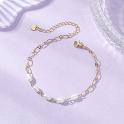 Настоящее золото 18K Браслеты из натурального культивированного пресноводного жемчуга, браслеты из латунных цепей Фигаро для женщин, рис, реальный 18 k позолоченный, 7.48 дюйм (19 см)