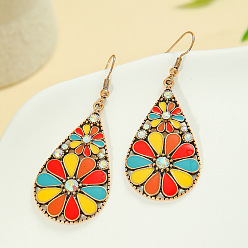 Разноцветный Серьги-подвески из богемского сплава с эмалью, со стразами, слезинка с цветочным узором, золотые, красочный, 62x25 мм