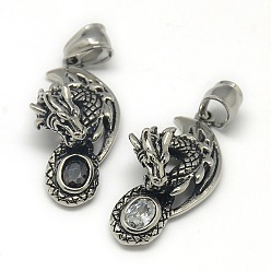 Mixed Color Fashionable Retro 304 Stainless Steel Rhinestone Dragon Pendants, Antique Silver, Mixed Color, 36x17x10mm, Hole: 5x7mm